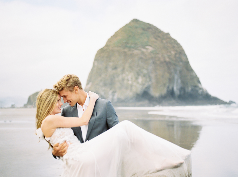 bride and groom at cannon beach elopement