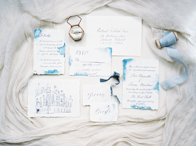 calligraphy and watercolour fine art wedding invitation stationery for a Toronto wedding