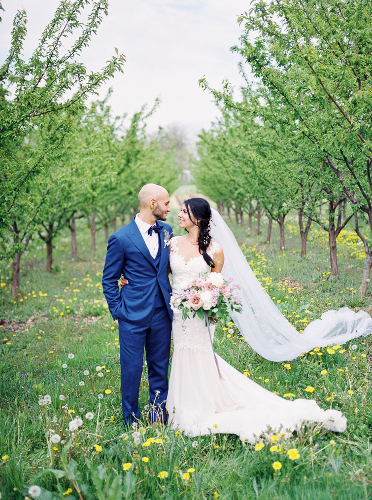 photo of bride and groom in the apple orchard at kurtz