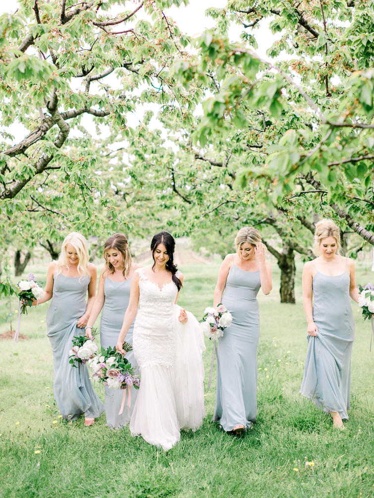 bride and her bridesmaids walking through an apple orchard at kurtz