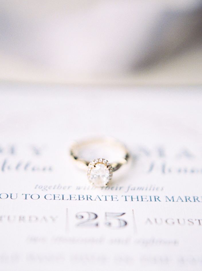 close up shot of vintage wedding ring lying on wedding invitation for a cambridge ontario wedding