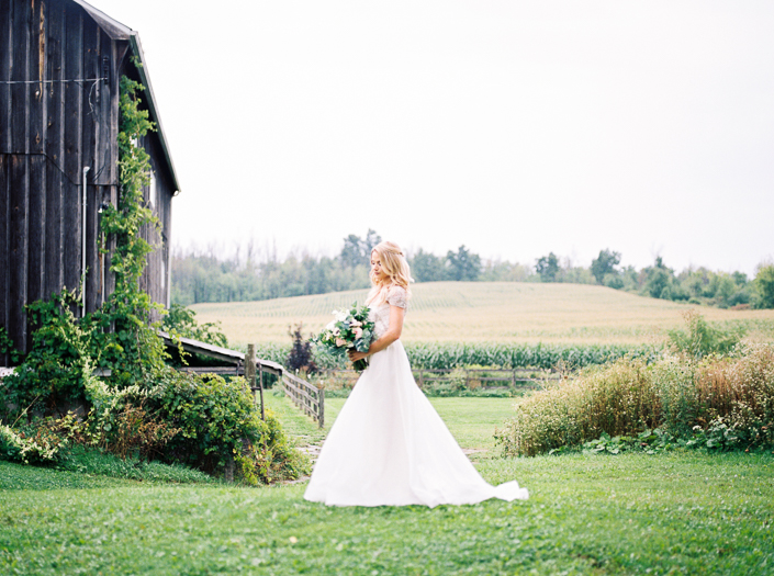 bridal portrait outside on a farm in Burlington